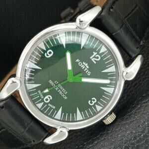 Vintage 1970 Fortis Manual Mens Silver Watch W/Leather Strap & Green accents